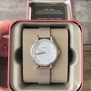 NWT Fossil watch, stainless steel band and crystal accents on face